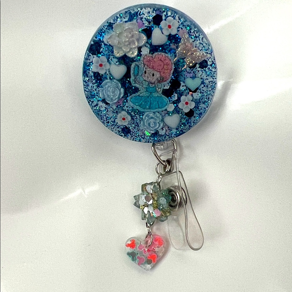 New Cinderella Blue Glitter Badge Reel with cute Charm